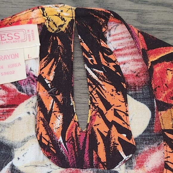 80s Tess Tropical Floral Rayon Blouse Black Orange Yellow Women's Size Large - Picture 11 of 13